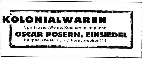 Kolonialwaren Oskar Posern Einsiedel Werbeannonce von 1926