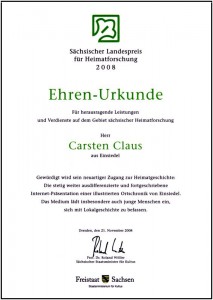 Urkunde Sächsischer Landespreis für Heimatforschung 2008