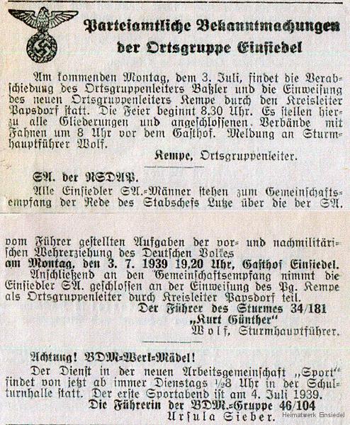 Wechsel Ortgruppenleiter NSDAP Einsiedel 1939