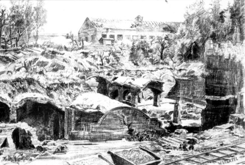 Zeichnung der zerstörten Filterhalle