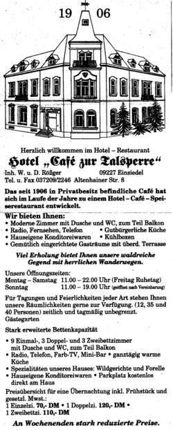 Hotel Café zur Talsperre Annonce um 1995