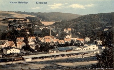 Lithografie Bahnhof Einsiedel mit Bahnsteigüberdachung