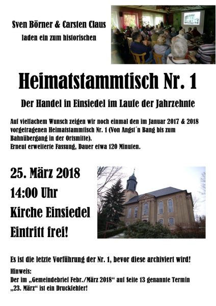 Heimatstammtisch Einsiedel Nr. 1 25. März 2018 Kirche Einsiedel