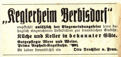 Zeitungsannonce Keglerheim Berbisdorf 1935