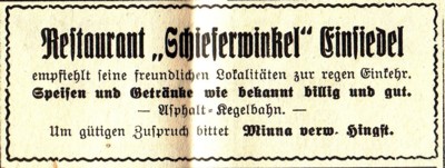 Reklameanzeiger "Schieferwinkel" 1935