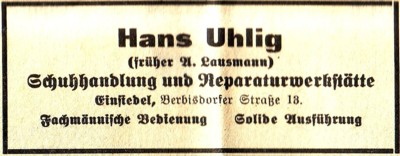 Schuster Hans Uhlig Einsiedel Annonce Einsiedler Wochenblatt 1935 (Nachfolger Lausmann Schuster)