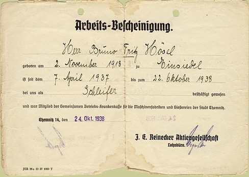 Arbeitsbescheinigung Fritz Hösel Einsiedel 1938