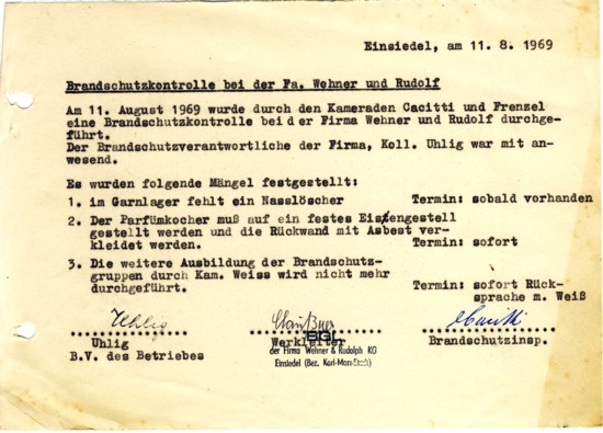 Mängelliste nach Brandschutzkontrolle bei WeRu Einsiedel 1969