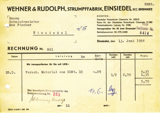Rechnung Wehner & Rudolph Einsiedel 1956