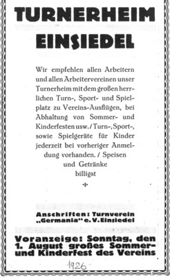 Turnerheim Einsiedel Annonce 1926