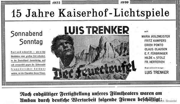 Kinoreklame "Der Feuerteufel" im Kaiserhof Einsiedel