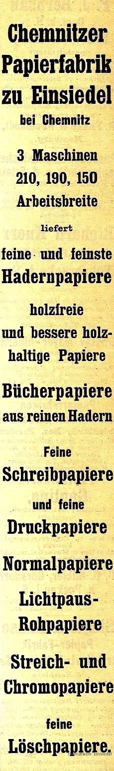 Werbeanzeige Papierfabrik Einsiedel 1908