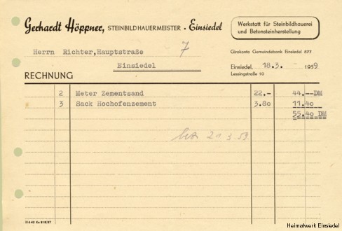 Rechnung Steinbildhauer Höppner 1959