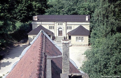 Schulturnhalle Einsiedel vom Schulturm aus fotografiert, um 1960
