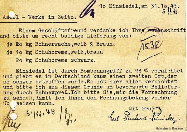 Lieferanfrage Bohnerwachs Oktober 1945