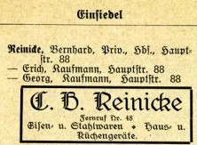 Reinike im Einsiedler Adressbuch 1926/27