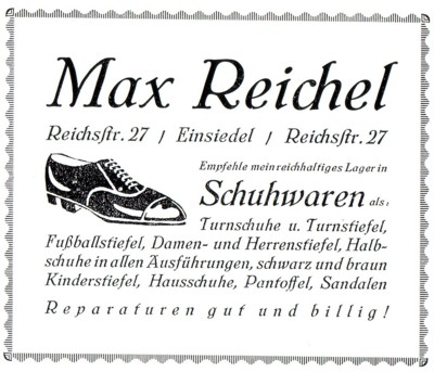 Reiche Schuster: Annonce Schuhwaren Max Reichel, Einsiedel, 1926