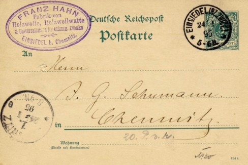 Postkarte mit Stempel Franz Hahn 1895