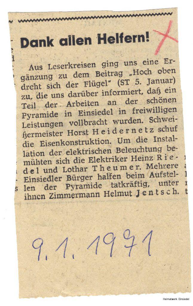 Zeitung benennt Helfer beim Pyramidenaufbau 1971