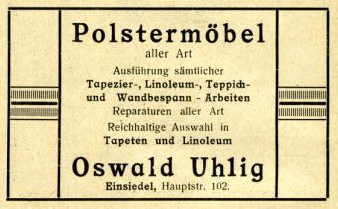 Annonce Polstermöbel Oswald Uhlig, Einsiedel 1926