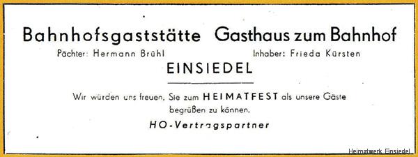 Bahnhofsgastätte Einsiedel und restaurant zum Bahnhof, Werbeanzeigen 1955