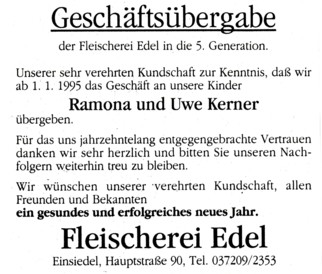 Geschäftsübernahme Fleischerei Edel - Kerner 1995