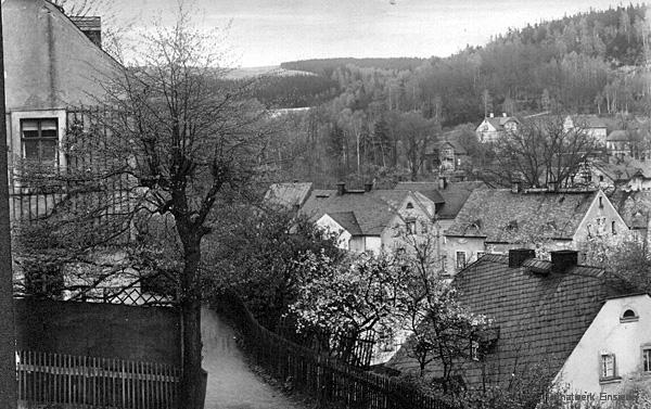 Blick von der Kirchgasse in Einsiedel 1927 zur Fleischerei Lohmann