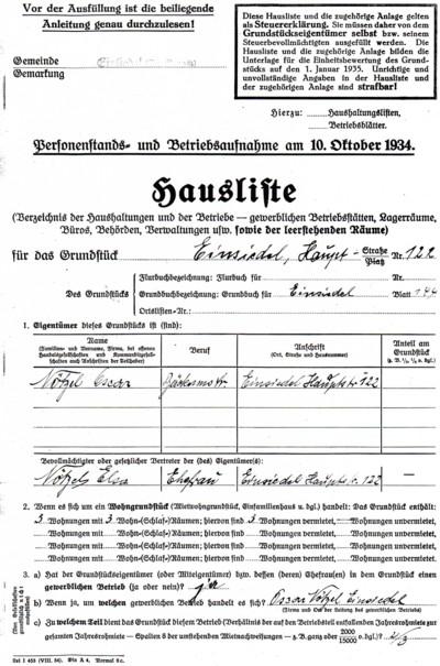 Hausliste von 1934 für das Finanzamt