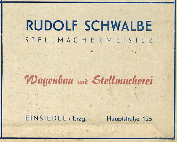 Werbenannonce Stellmacherei Rudolf Schwalbe, Einsiedel 1956