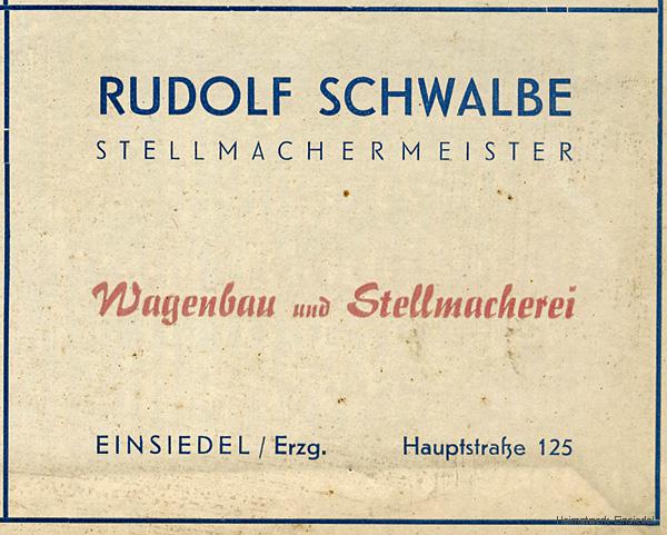Werbenannonce Stellmacherei Rudolf Schwalbe, Einsiedel 1956