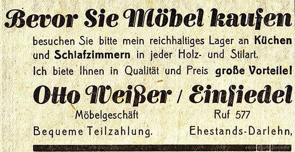 Reklameanzeige Tischlerei Weißer in Einsiedel 1935