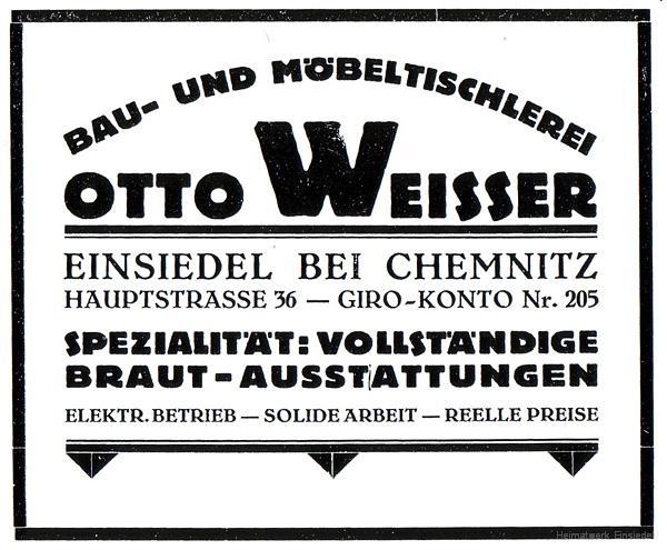 Reklame Tischlerei Weißer 1926