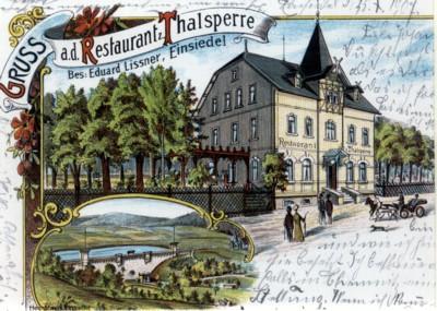 Restaurant zur Talsperre in Einsiedel, Lithografie um 1907