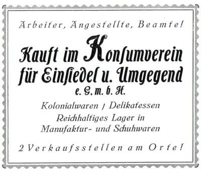Reklameanzeige des Konsumverein Einsiedel 1926