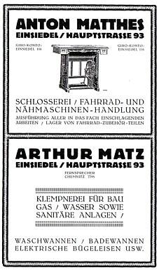 Reklameanzeigen von Kelmpnerei Matz und Schlosserei Matthes in Einsiedel 1926