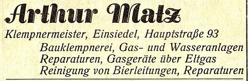 Reklameanzeige Klempnerei Arthur Matz, Einsiedel 1935