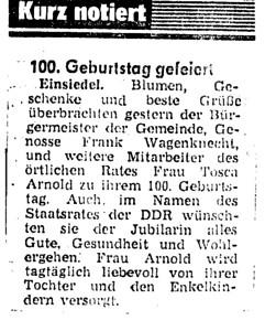 100ster Geburtstag Toska Arnold, Artikel in der Lokalpresse