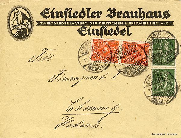 Brief des Einsiedler Brauhauses an das Finanzamt Chemnitz Oktober 1922