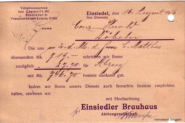 Bestätigung Zahlungseingang der Einsiedler Brauhaus Ag 1916