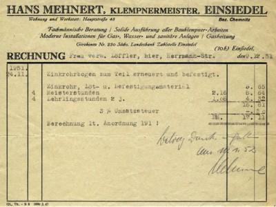 Rechnung der Klempnerei Mehnert in Einsiedel 1951