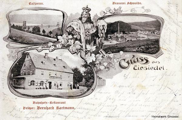 Restaurant zum Bahnhof, Ansichtskarte um 1904 mit Brauerei Schwalbe