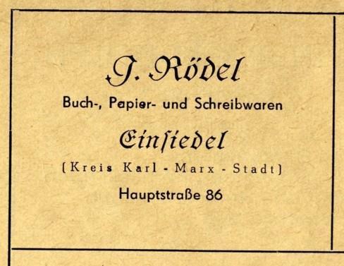 Papier- und Schreibwaren Irmgard Rödel, Einsiedel 1955 (Tochter von Max Zickmantel, Buchbinderei)