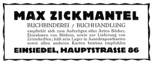 Reklameanzeigen Buchhandel und Schreibwaren Max Zickmantel Einsiedel