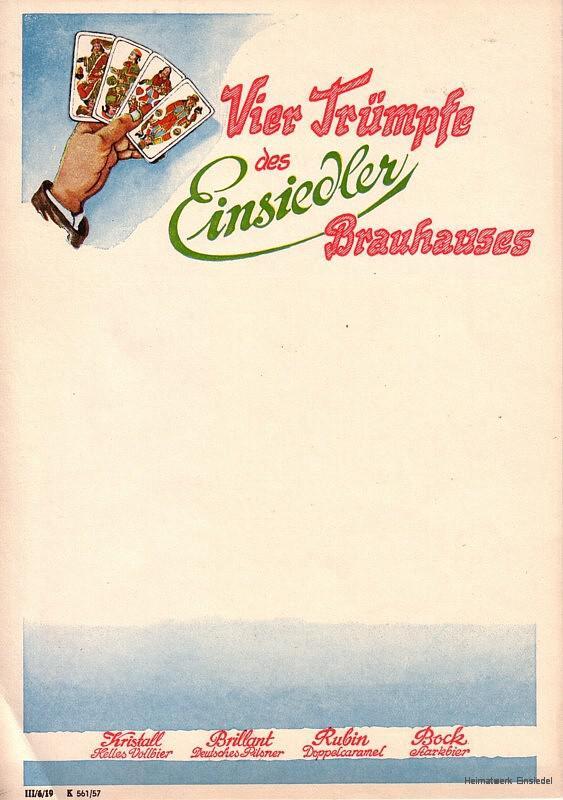 Reklame des Einsiedler Brauhauses (zum Zeitpunkt noch nicht volkseigen) aus den 1950er Jahren