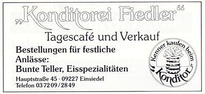 Werbeanzeige Konditorei Fiedler, Einsiedel, 1994