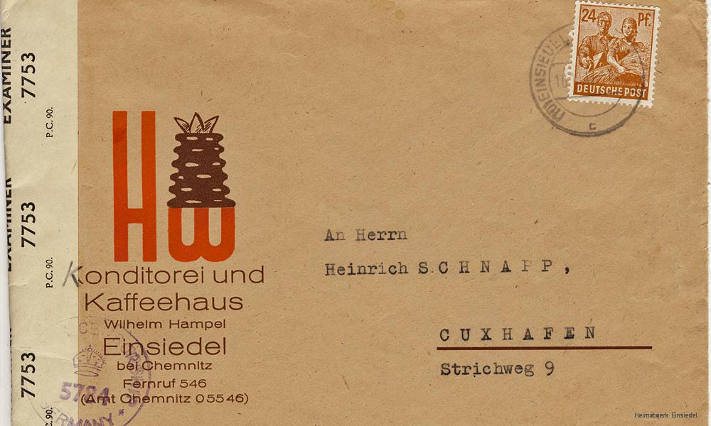 Zensurbrief Kaffeehaus Hampel in die britische Besatzungszone
