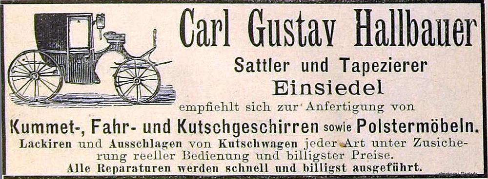 Werbeanzeige Sattler und Tapezierer Gustav Hallbauer um 1895