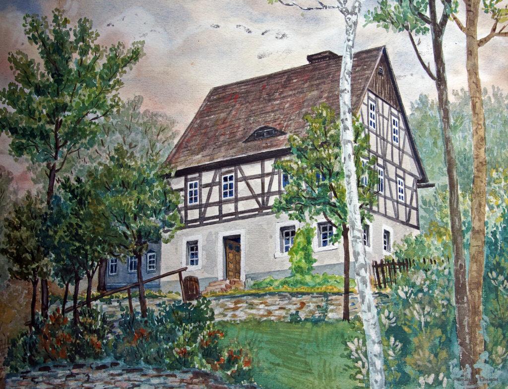Der Viertel-Maler. Gemälde des Fachwerkhauses Uferstraße 9 in Einsiedel von Walter Viertel.
