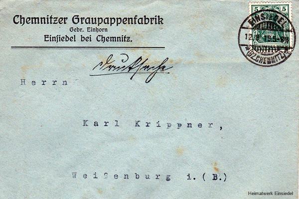 Briefumschlag Graupappenfabrik Gebr. Einhorn in Einsiedel (Volkstümlich noch heute: Graupappenbude)