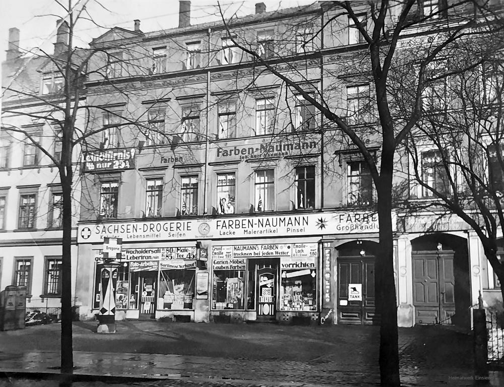 Sachsen-Drogerie Chemnitz, Schillerstraße, heute Straße der Nationen. Inhaber Kurt Naumann ("Farben-Naumann").